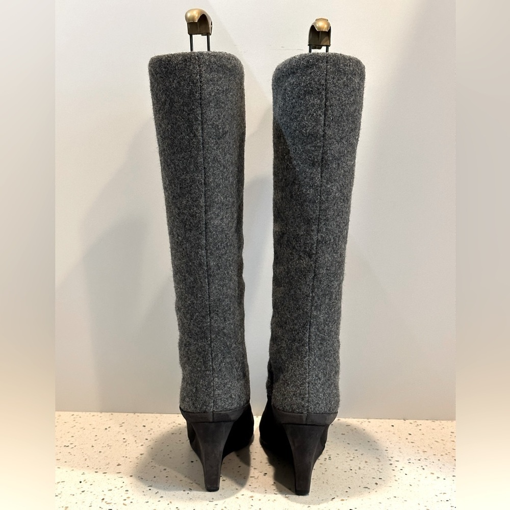 Designer Christian Dior CD‎ Gray Suede & Wool Tall Knee High Wedge Boots - Picture 3 of 16